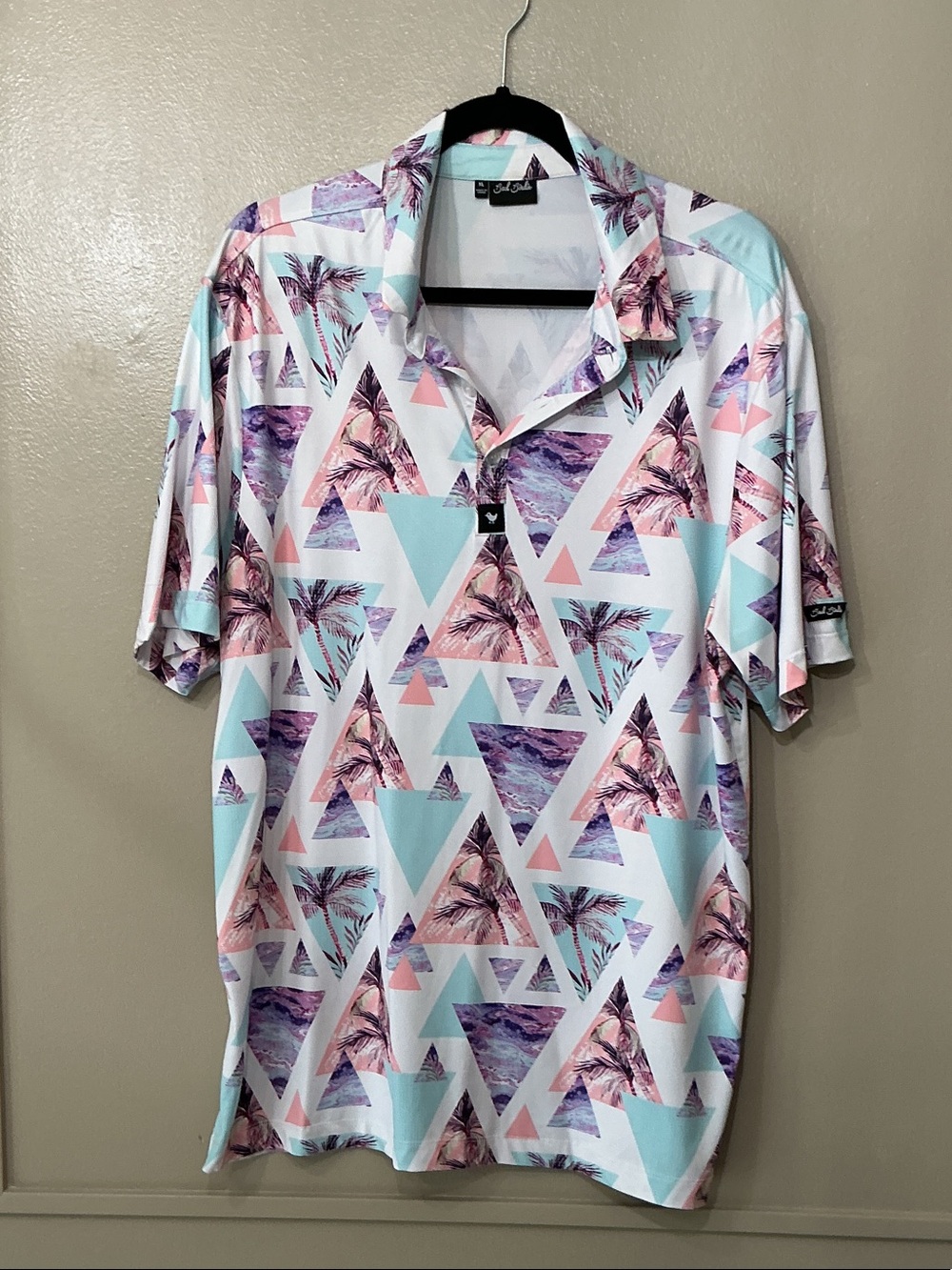 Men's Short Sleeve Geometric Palm Print Shirt - White/Turquoise/Pink